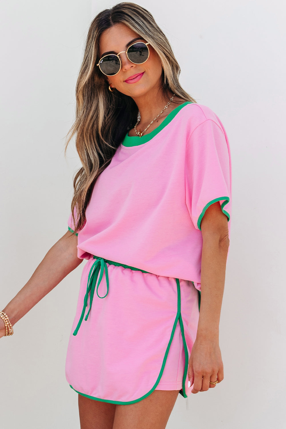 Apricot Colorblock Edge Drop Shoulder T Shirt and Skort 2Pcs Set
