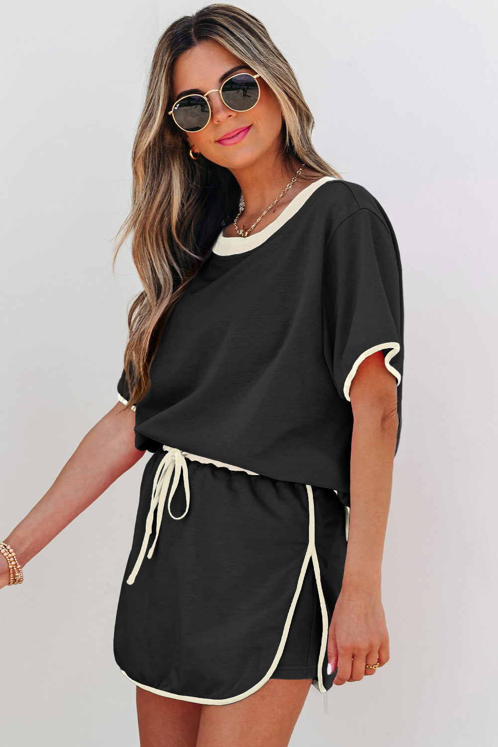 Apricot Colorblock Edge Drop Shoulder T Shirt and Skort 2Pcs Set