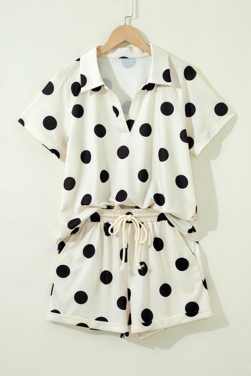 Green Polka Dot Print V Neck Tee Short Set